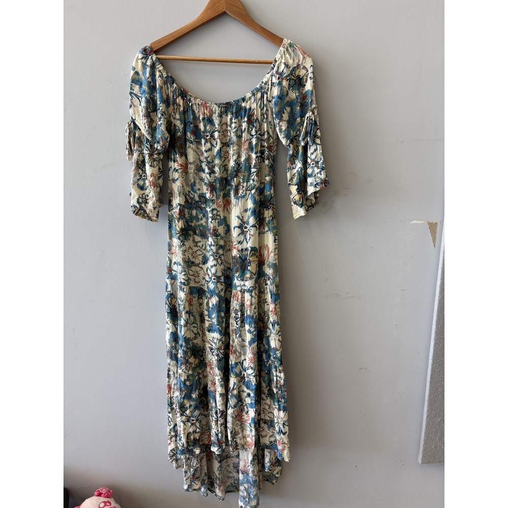 En Creme Dress Womens M Multicolor Floral Smocked Off Shoulder Maxi Hi Low Boho